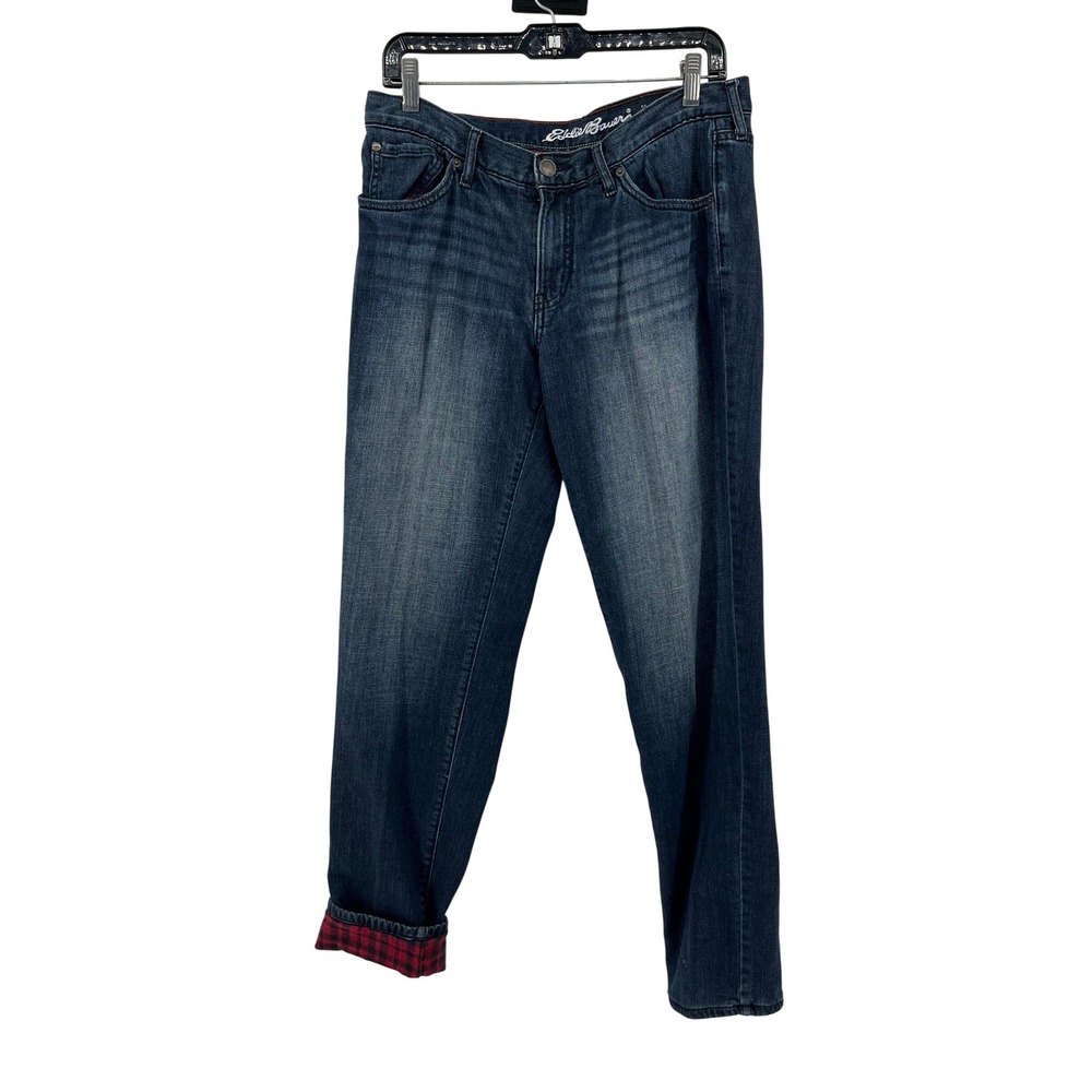 Eddie Bauer Womens 8 Flannel Lined Boyfriend Relaxed Jeans Dark Wash‎ Plaid 8